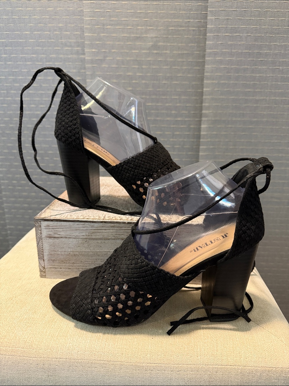 JustFab Isoh Woven Ankle Tie Block Heel Sandals